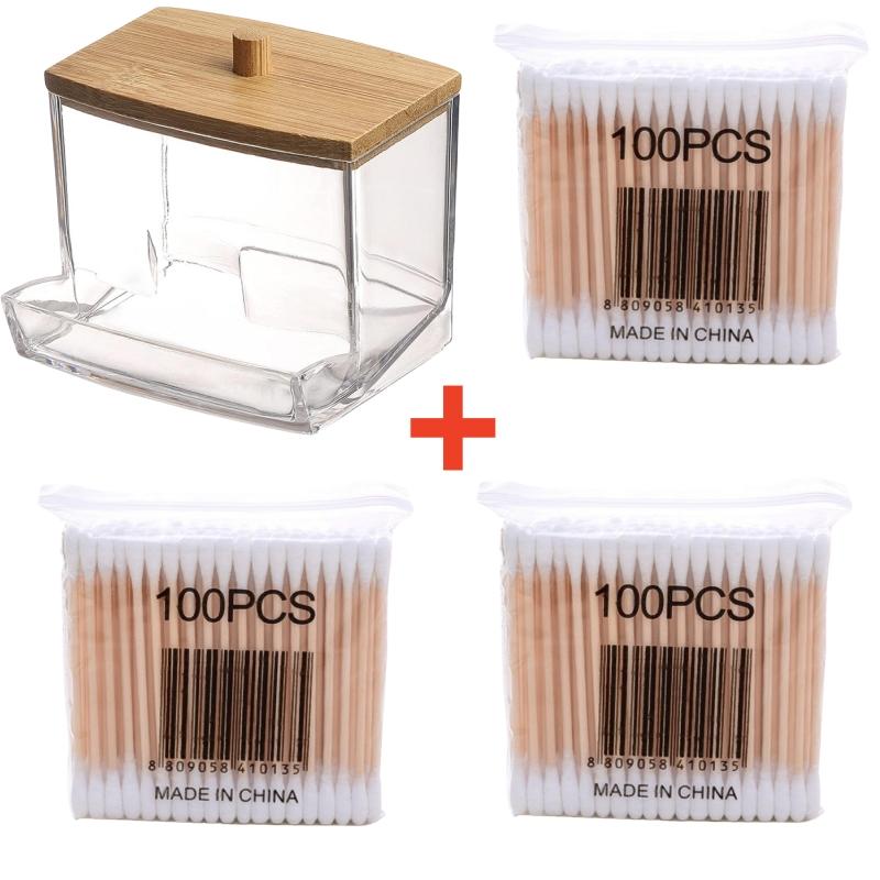 Cotton Swab Dispenser with Bamboo Lid Double Head Cotton Swabs Container Transparent Square Cotton Buds Toothpick Organizer