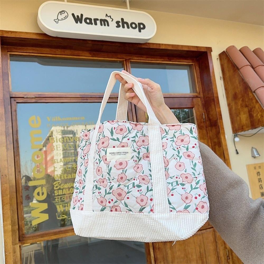 Vintage Flower Pattern Quilted Tote Bag Soft Cotton Commuter Organizer Bag For Daily Use