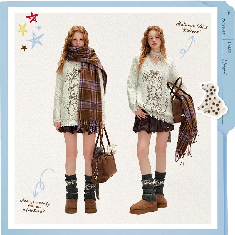 UNIFREE Sweet Childlike Print Lace Trim V-Neck Knit Sweater with Scarf