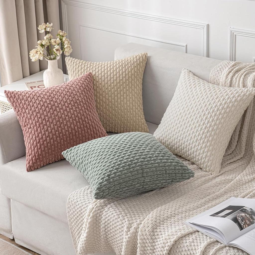 Sage Green Corduroy Striped Throw Pillow Covers 18x18 Soft Square Cushion Cases for Couch Living Room Bed Sofa Decor