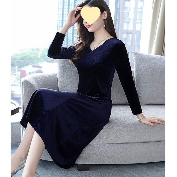 Women's Plus Size Gold Velvet Mid-Length Dress - Autumn 2025 Style, Loose Fit for Middle-Aged and Elderly, Tummy-Covering