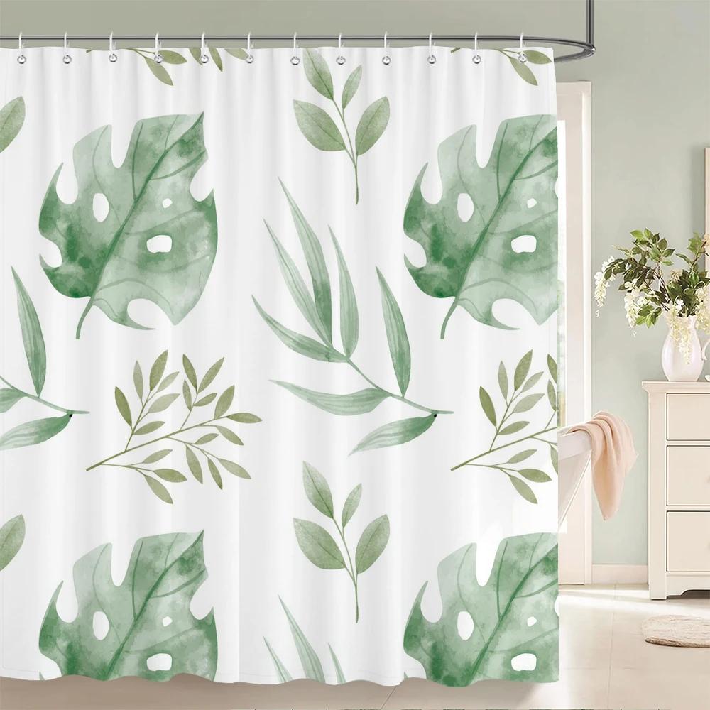 Green Plant Leaves Print Shower Curtains Watercolor Boho Floral Waterproof Morden Bathroom Bathtub Curtain Room Decor With Hooks