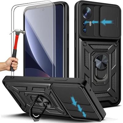 Coque pour Xiaomi 12 - E.F.CONNECTION - Noir - Protection Appareil Photo - Cache Caméra Coulissant - 2 Verres Trempés