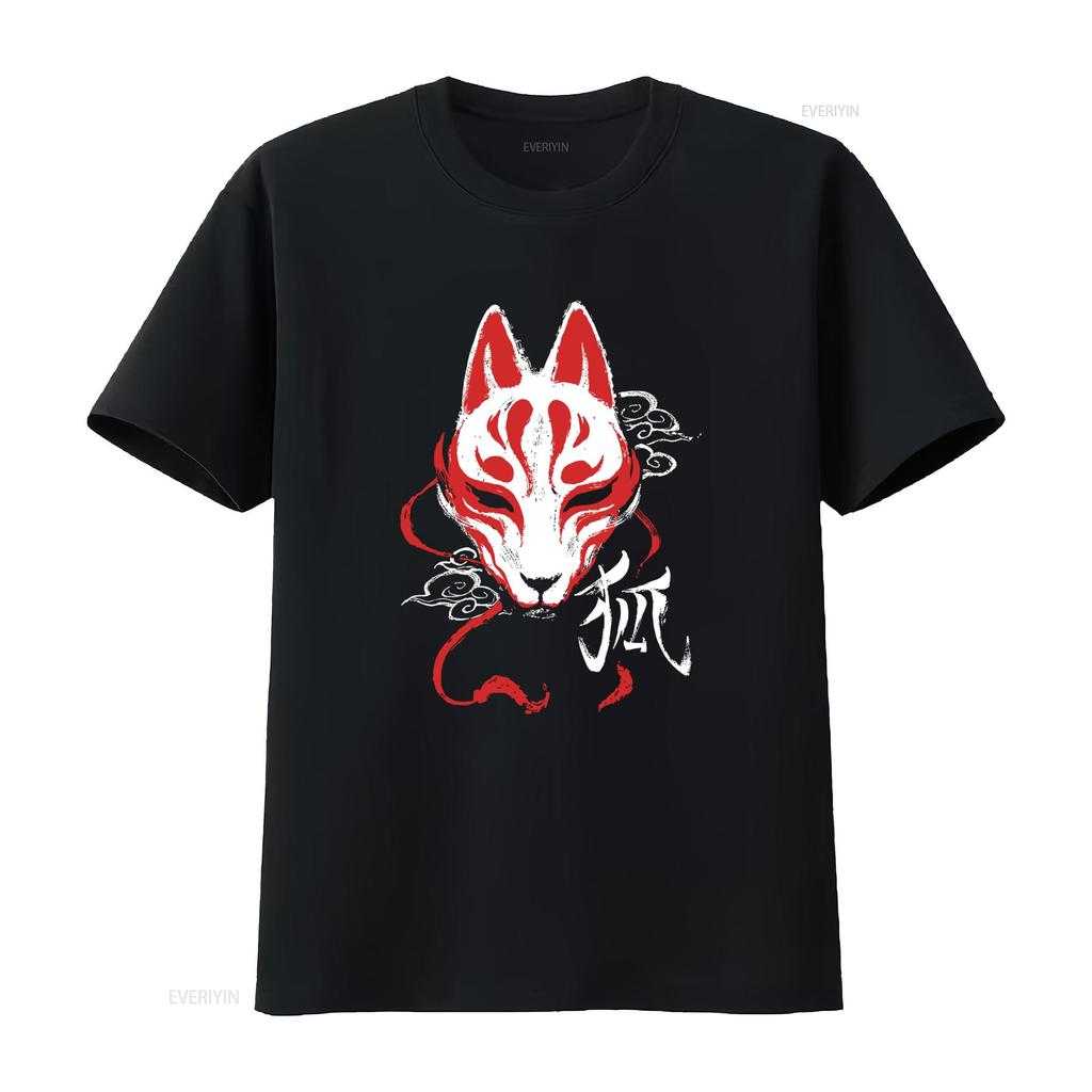 Kitsune Mask Japanese Fox Traditional Tokyo Yokai Harajuku Style Streetwear Aesthetic T Shirt with Raditional Sakura Design