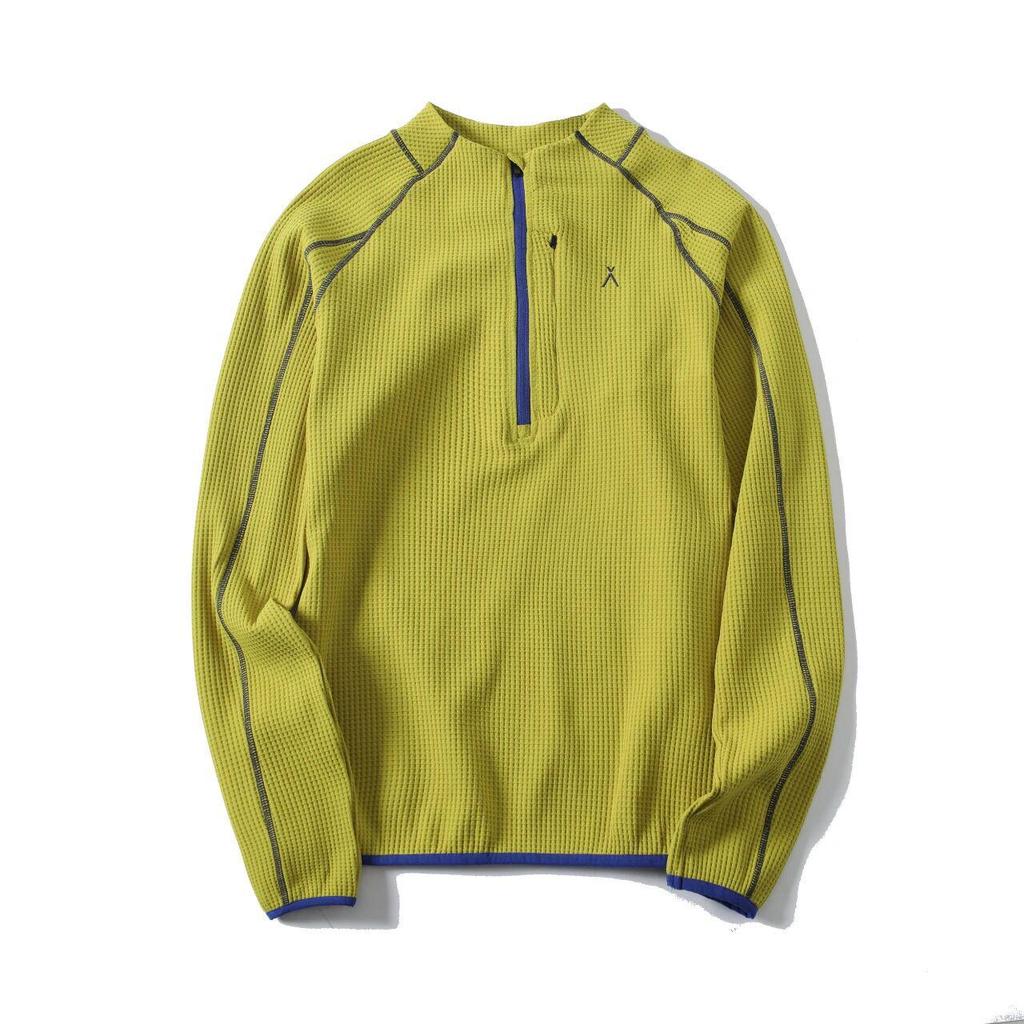 Mountain-Style Unisex Autumn Waffle Knit Half-Zip T-Shirt: Color-Block, Snap Button, Loose Fit, Breathable Long Sleeves