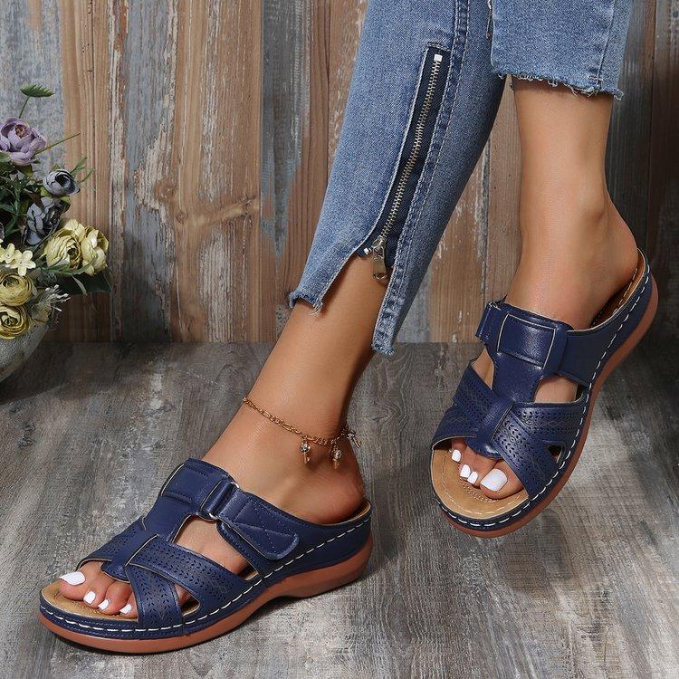 Exclusive for 2025202544 Large Size Women's Shoes Hollow Wedge Heel Velcro Sandals Women's Thick-soled Half Slippers