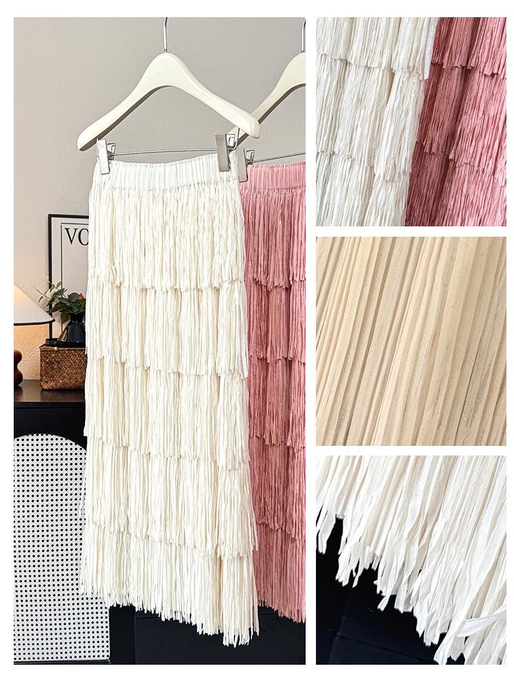 2026 Spring/Summer Women's Versatile Tassel Patchwork Midi Skirt