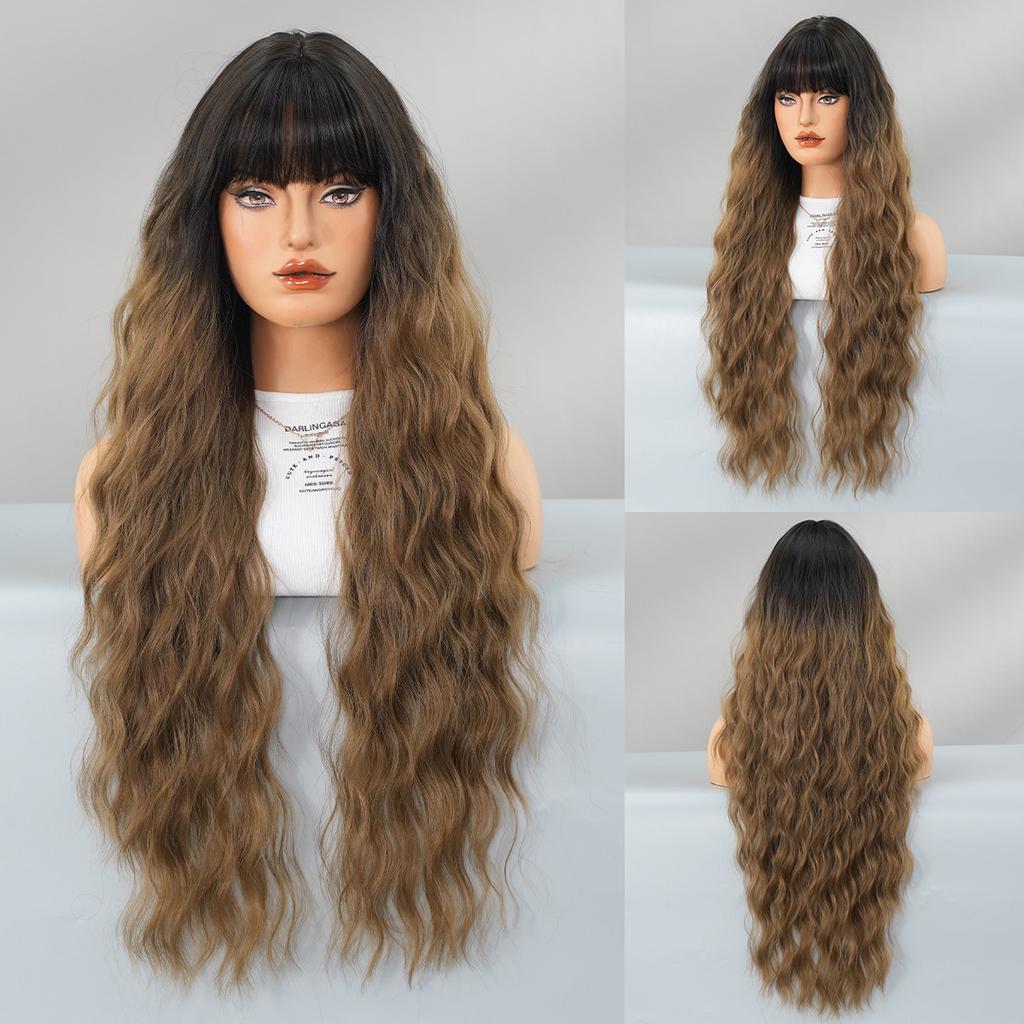European and American Style Women's Brown Blonde Water Wave Long Wavy Wig Heat-Resistant Synthetic Full Wig