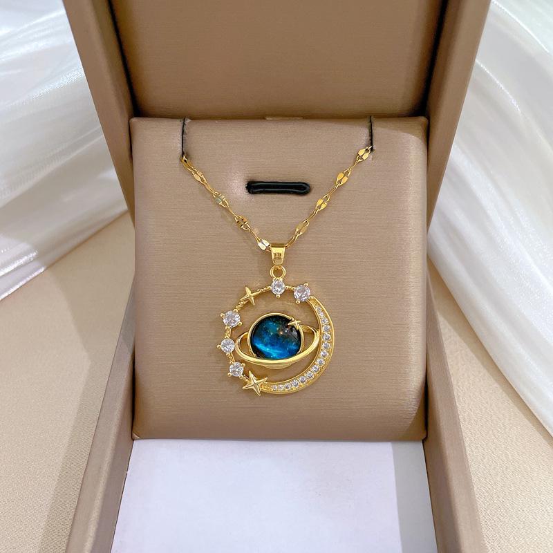 Titanium Steel Starry Sky Planet Diamond Necklace - Luxurious Clavicle Chain for Women