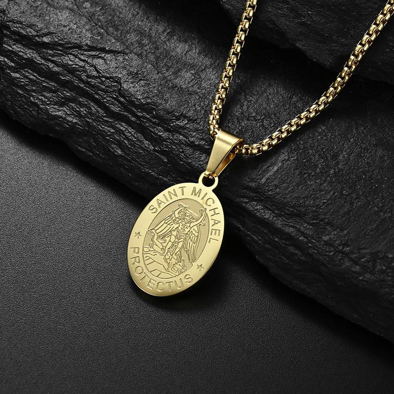 Stainless Steel Saint Michael Necklace Medal for Men Boys, St Michael Pendant Medallion with Chain 24 Inches
