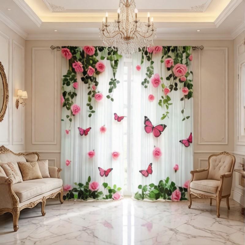 2-Piece Set of Pink Rose Butterfly Curtains, Polyester Light-Transmitting Curtains, Ins-Style Green Plant Vine Print Curtains 60×150cm(23.6×59in)
