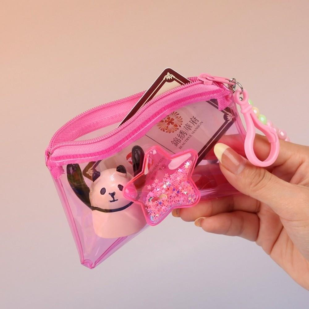 Portable Quicksand Coin Purse PVC Transparent Student Card Holder with Beaded Lanyard Colorful Travel Storage Bag