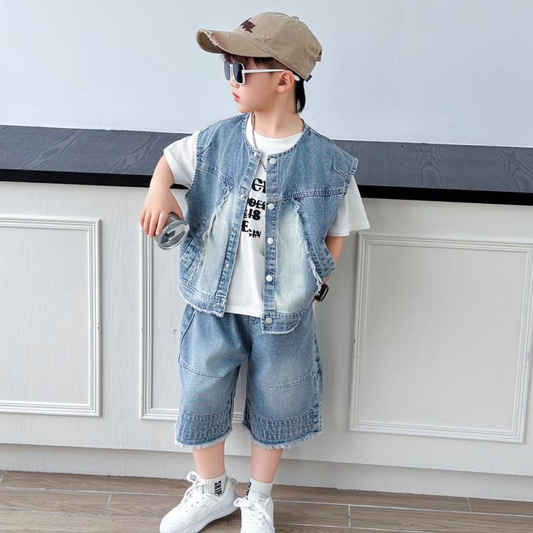 Boys' Summer Denim Vest & Printed Tee Shorts Set - Cool American Style 2026