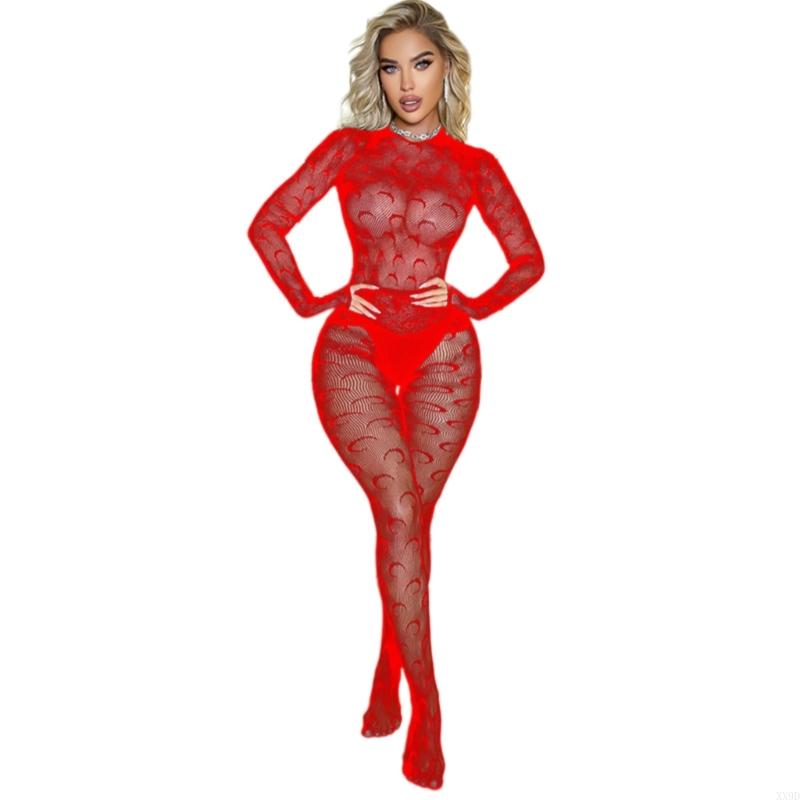 Women Sheer Mesh Bodystocking Moon Patterned Lingerie Long Sleeve See Through Bodysuit Fishnet Jumpsuit Tights