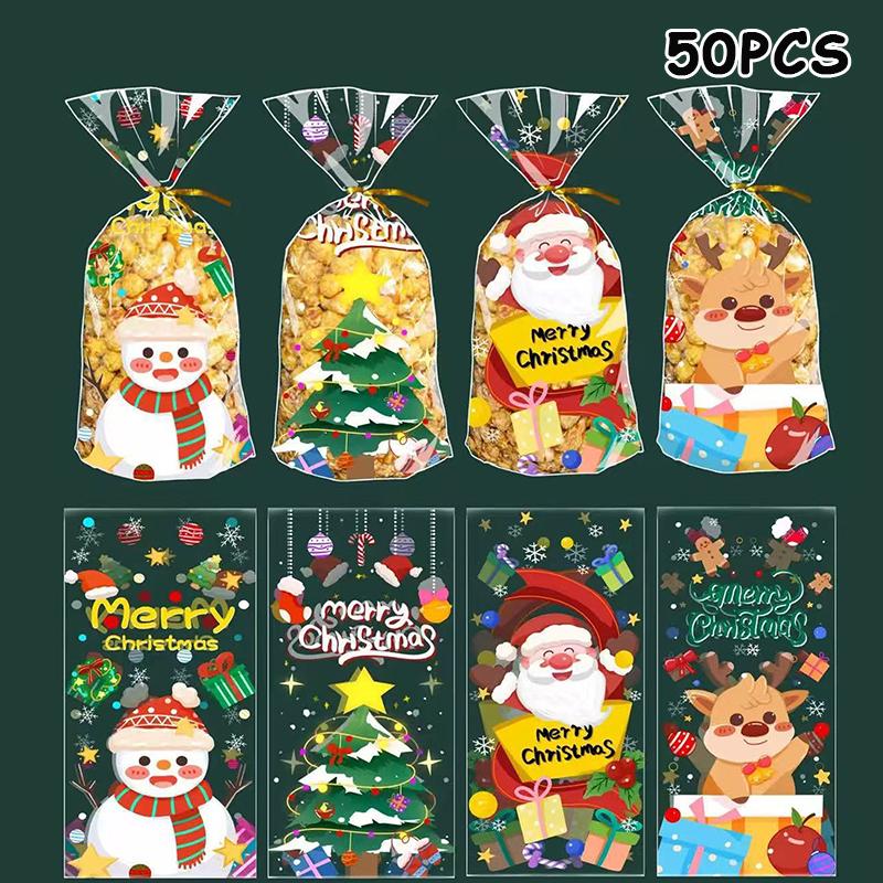 50 Pcs Merry Christmas Cellophane Bags With Twist Ties Xmas Clear Cello Candy Gift Bags New Year'S Eve Christmas Party Decoration