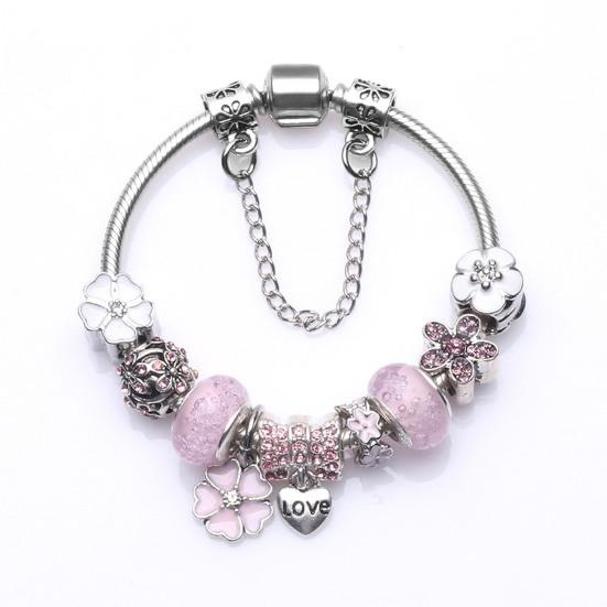 Yousheng Women Bangle Multi Flower Clover Pendant Secure Closure Rhinestone Decor Alloy Adjustable Bracelet Prom Dating Work Wrist Jewelry
