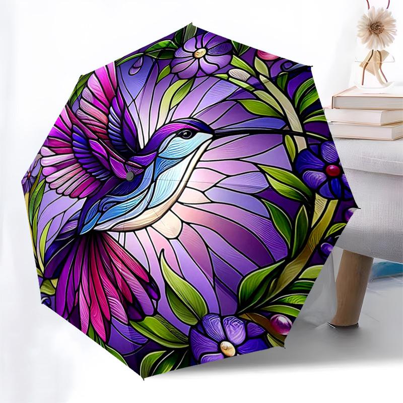

1pc Stained Glass Hummingbird Design Automatic Opening Folding Umbrella with 8-Bone Iron Frame, Suitable for Fans, Travelers, Daily Use, and Gifts - O