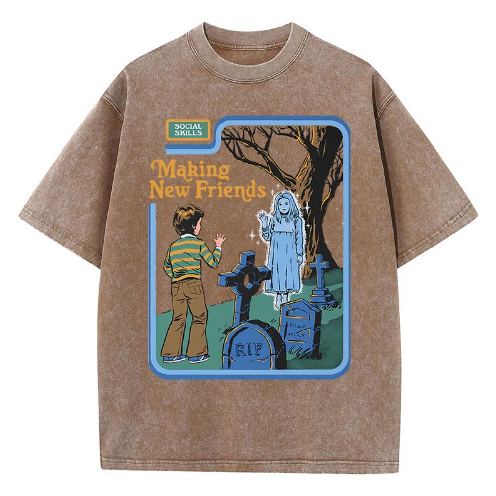 Social skills, making new friends, washed vintage women's T-shirt, hip hop breathable, casual loose fit