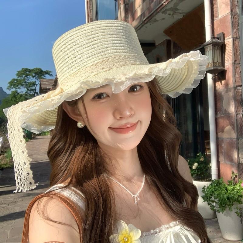 Summer Womens Sun Hat With Lace Ribbon Wide Brim Sun Protection Outdoor Beach Accessory