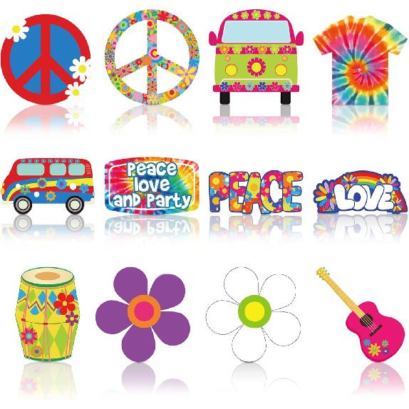 Junkin 60 Pieces 60 s Hippie Groovy Party Tie Dye Birthday Party Decoration Cutouts Accents Hippy Retro Flower Peace Sign Cutouts 60 s Vibe Wall