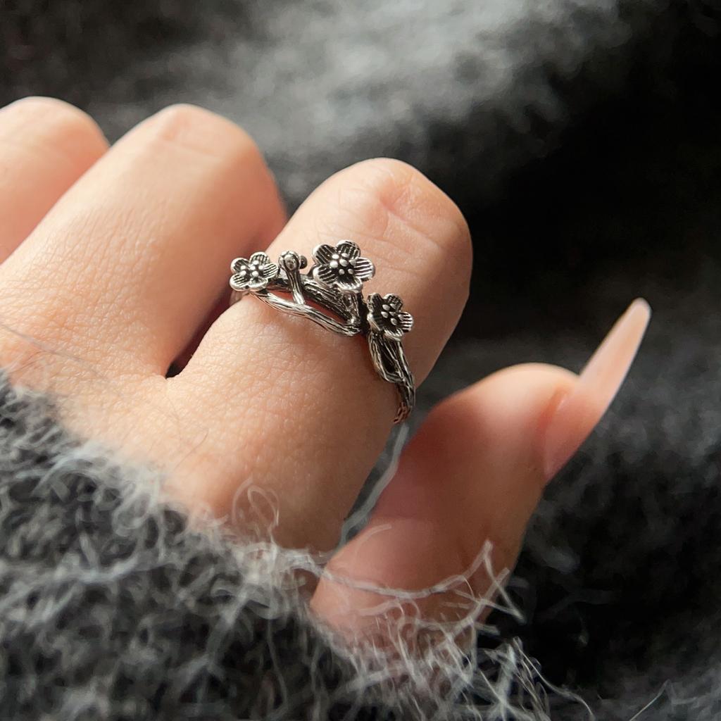925 Sterling Silber Ringe für Damen Geometrischer Feinschmuck Fingerverstellbar Einfacher Retro Blumenring für Party Geburtstagsgeschenk