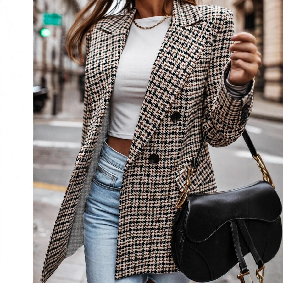 Spring/Autumn Women's Trench Coat, Fit Collar Mid-Length Checkered Blazer