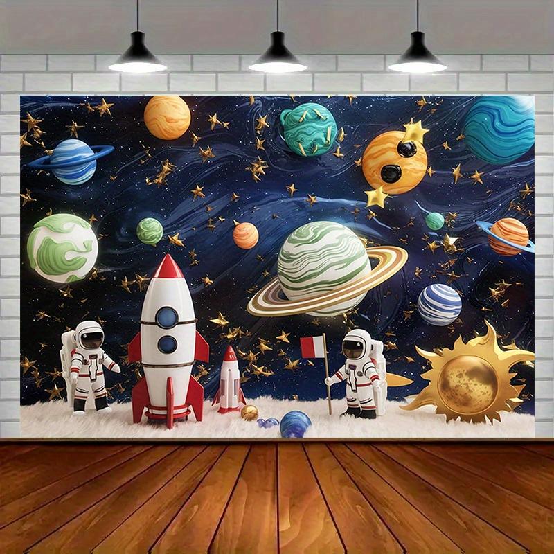 A family party backdrop themed around space - colorful polyester fabric decorations