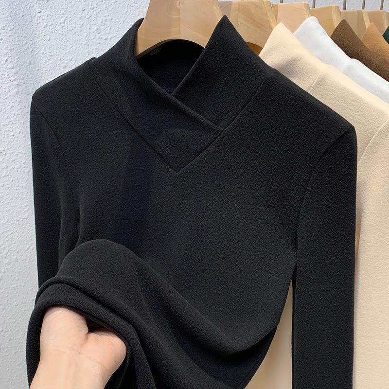 Semi-turtleneck Bottoming Shirt Women's New Women's Clothing Overlapping Collar Polished T-shirt Warm Inner Waist Top