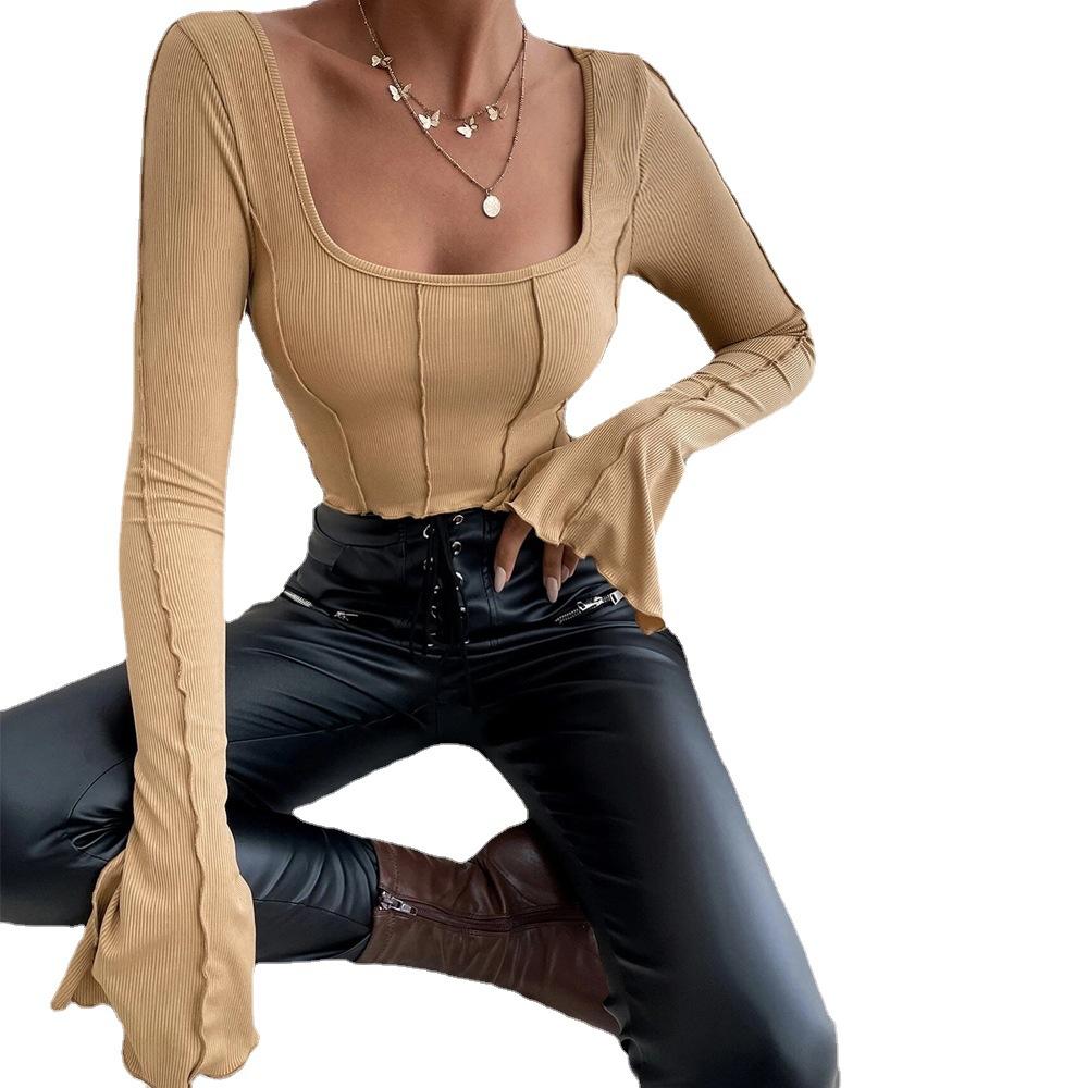 Women Casual Slim Fit Long Sleeve Square Neck Pullover Knit T Shirt