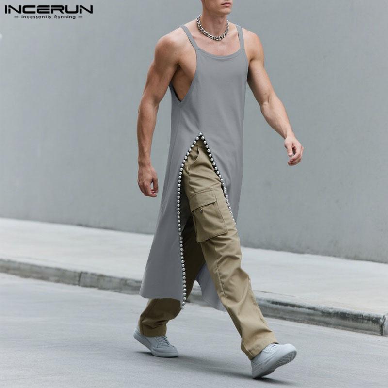 INCERUN Men Strap Sleeveless Beading Splits Long Tunic Tank Tops