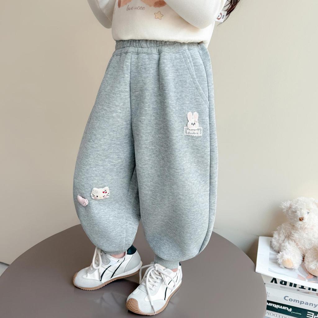 Girls' Autumn Rabbit Embroidery Sweatpants - Fashionable Casual Long Pants for Baby and Medium-sized Kids