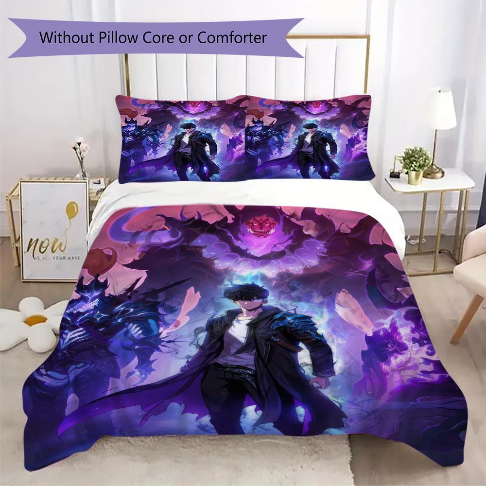Solo Leveling Pattern Bedding,Quilt Set Quilt Cover Pillowcase Home Birthday Gift(1 * Duvet Cover + 2 * Pillowcase, Without Core)_lx