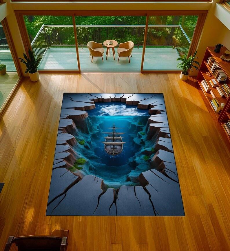 Dywanik Mat Mata Dywanowa z Iluzją 3D Motyw Oceanu Antypoślizgowy Salon Dekoracja Domu Nowoczesny Dekoracyjny Dywanik Podłogowy do Salonu Sypialni