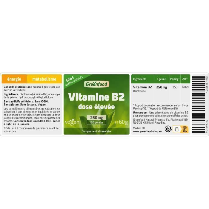 Greenfood vitamine b2 (riboflavine), 250 mg, 180 gélules, dose élevée. vegan.