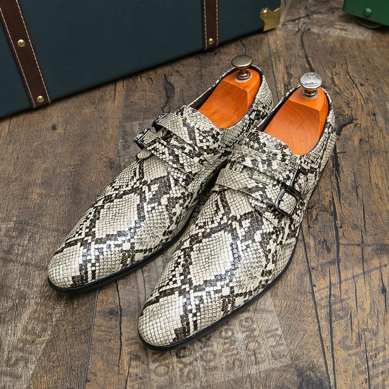 Men's Large Size Buckle Slip-on Snake Print Leather Shoes - Trendy Business and Casual Formal Shoes