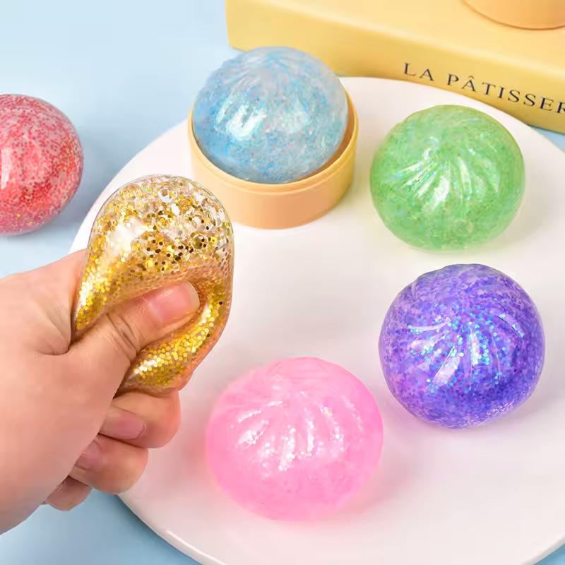 Mini Dumpling Bun Decompression Ball Pink With Steamer Basket Glitter Colored Shaped Venting beads Round Sensory Bouncy Durable Elastic