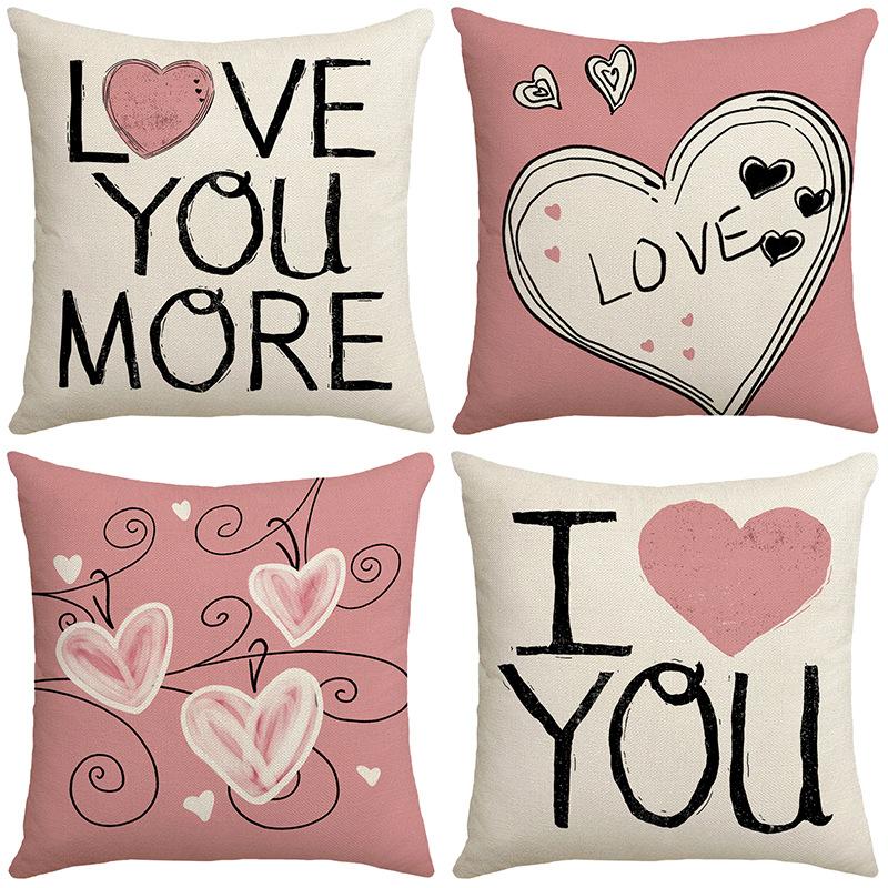 New Valentine's Day Pillow Case Pink Love Linen Print Couple Home Living Room Sofa Cushion Pillow