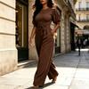 Women's Plus Size Color Jumpsuit, High Waist Round Neck, Slim Fit Top with Loose Wide Leg, Casual Everyday Wear