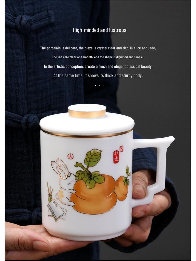 Handmade Mutton Fat Jade Porcelain Mug with Lid and Filter - Luxury Office Teacup