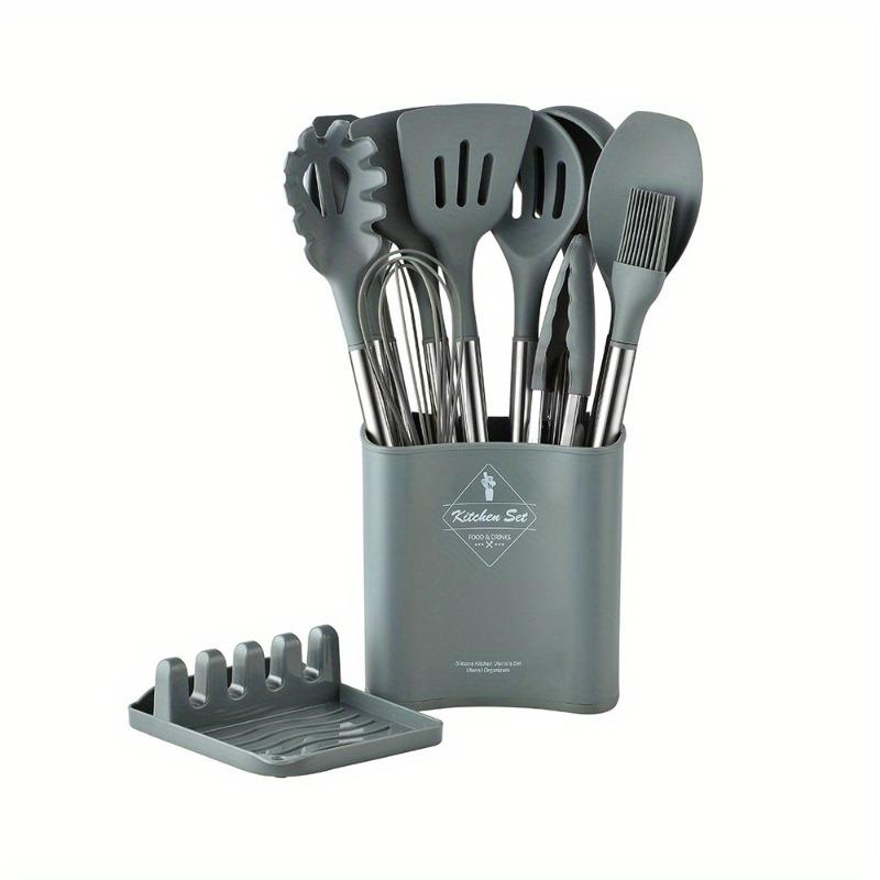 

13 Piece Stainless Steel Tube Silicone Handle Kitchenware Set Heat-resistant Non Stick Pot Spoon Shovel Cooking Kitchen Tool Set Light Grey