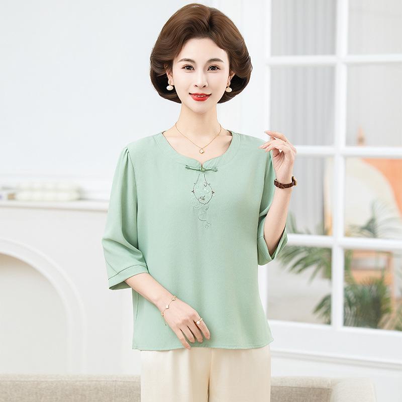 

2026 Spring Retro Elegant Mid-Sleeve Loose Top for Middle-Aged Women XL (suggested weight 90-105 jin)