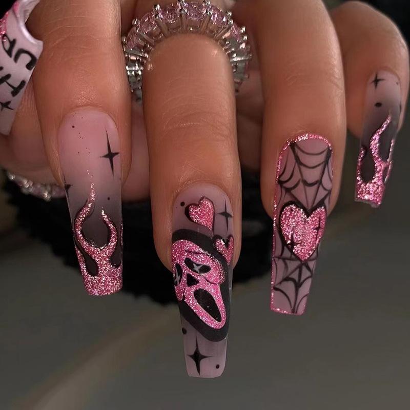 24pcs Glitter Pink Sequins Fake Nails 2025 Halloween Scary Skull Love Print False Nails Wearable European Ballet Press On Nails