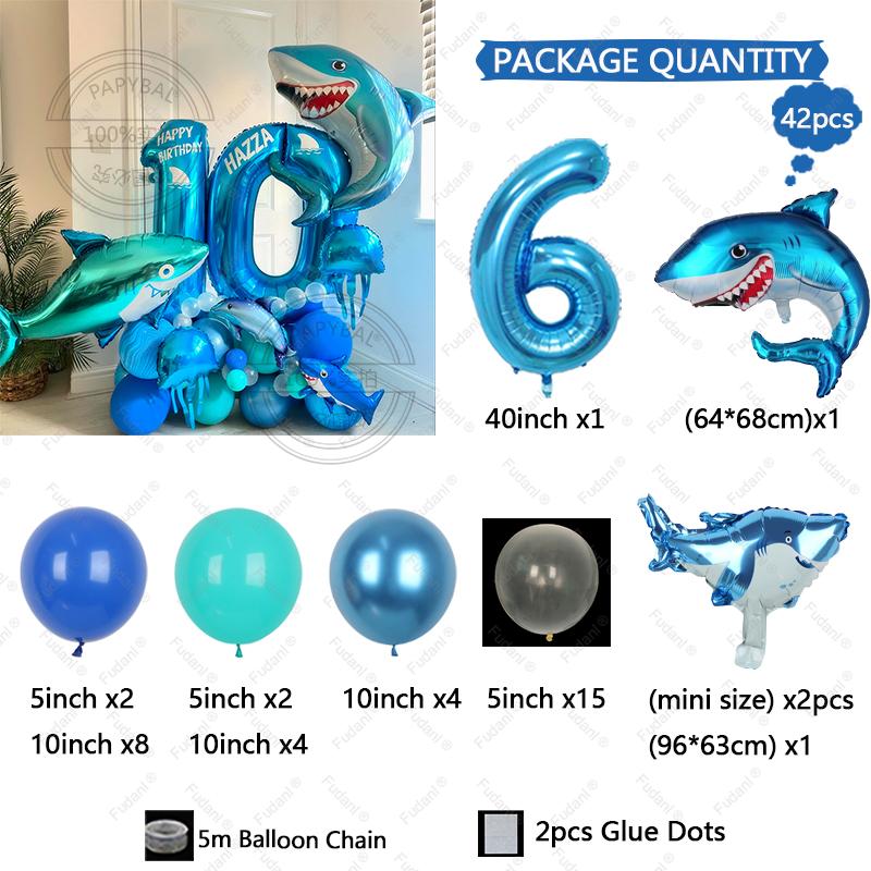 

42 шт. Серия «Морской мир» Акула Алюминиевая пленка Воздушный шар Синие цифры Разноцветные Принадлежности для украшения детской вечеринки по случаю дня рождения Набор воздушных шаров 40inch