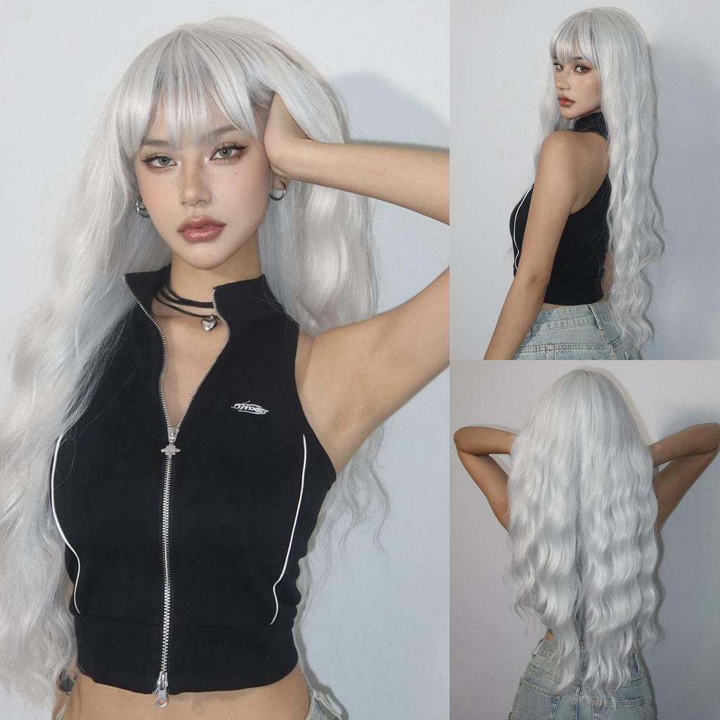 Long Wavy White Synthetic Wigs for Women Curly Wig with Bangs White Fake Hair for Party Cosplay Heat Resistant Fiber