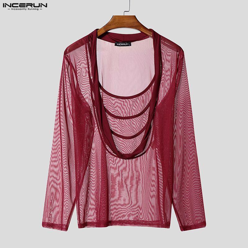 INCERUN Chemises Hauts Décontractés de Fête pour Hommes à Col Profond à Manches Longues en Maille Transparente