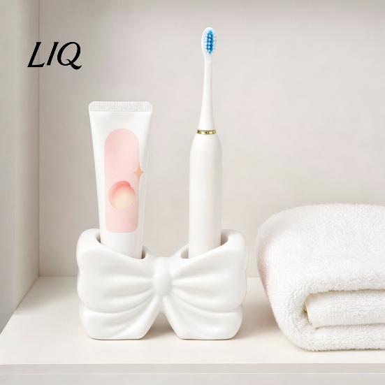 Bathroom Counter Organizer 3D Printed Bow Toothbrush Holder, Adhesive Cup with Dual Holes for Cute Vanity Decor & Toothpaste, Decor, Minimalist