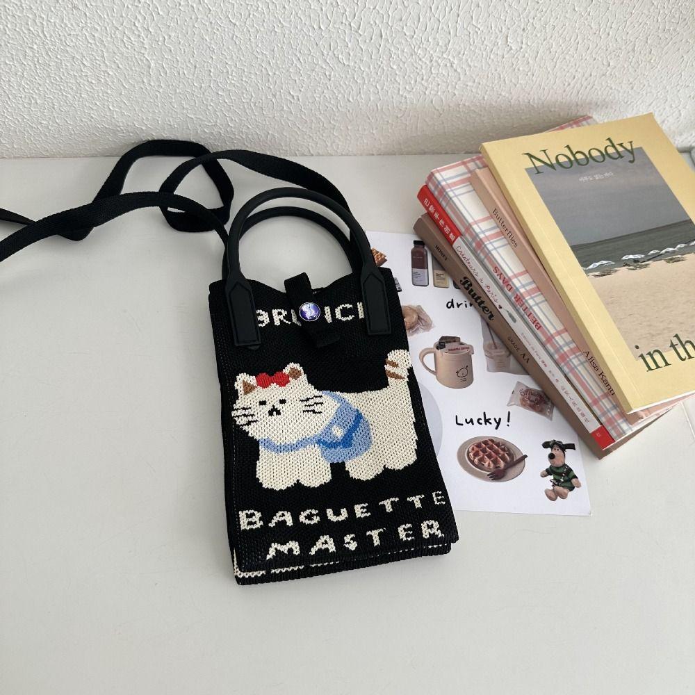 Mini Studentyczne Rysunkowe Dzianinowe Torby na Zakupy Damskie Wielokrotnego Użytku Crossbody Casual Węzeł Torba na Nadgarstek Studencka Torba Tote Torba na Telefon