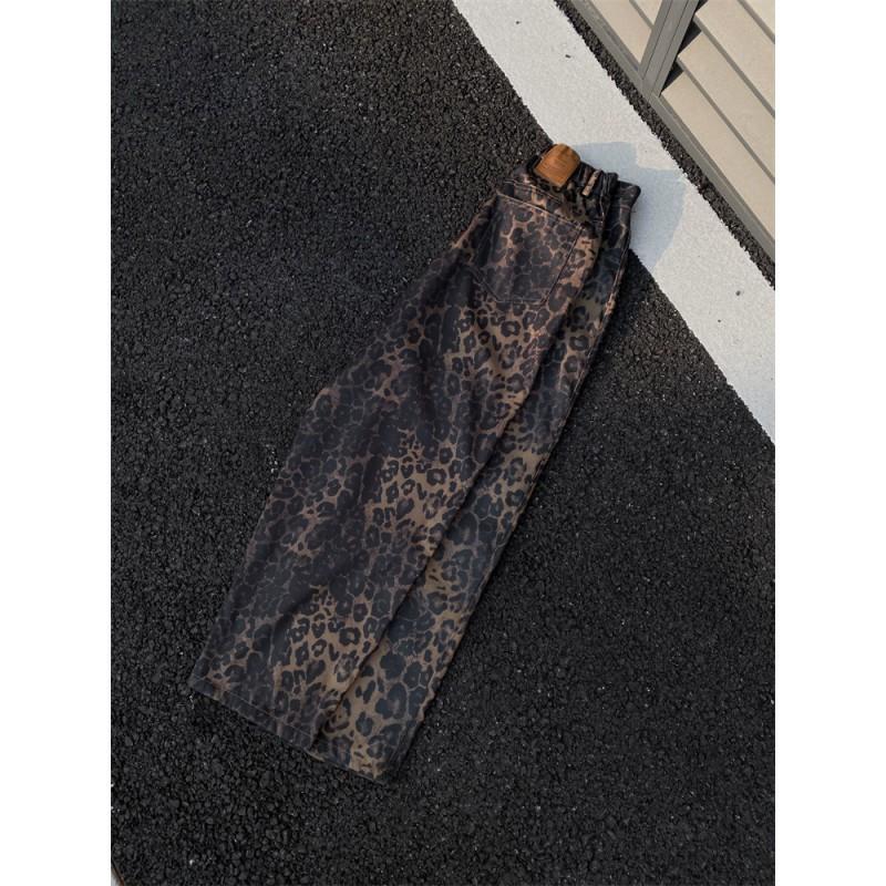 Mens Hip Hop Leopard Print Straight Leg Pants Casual Loose Wide Trousers Daily Wear