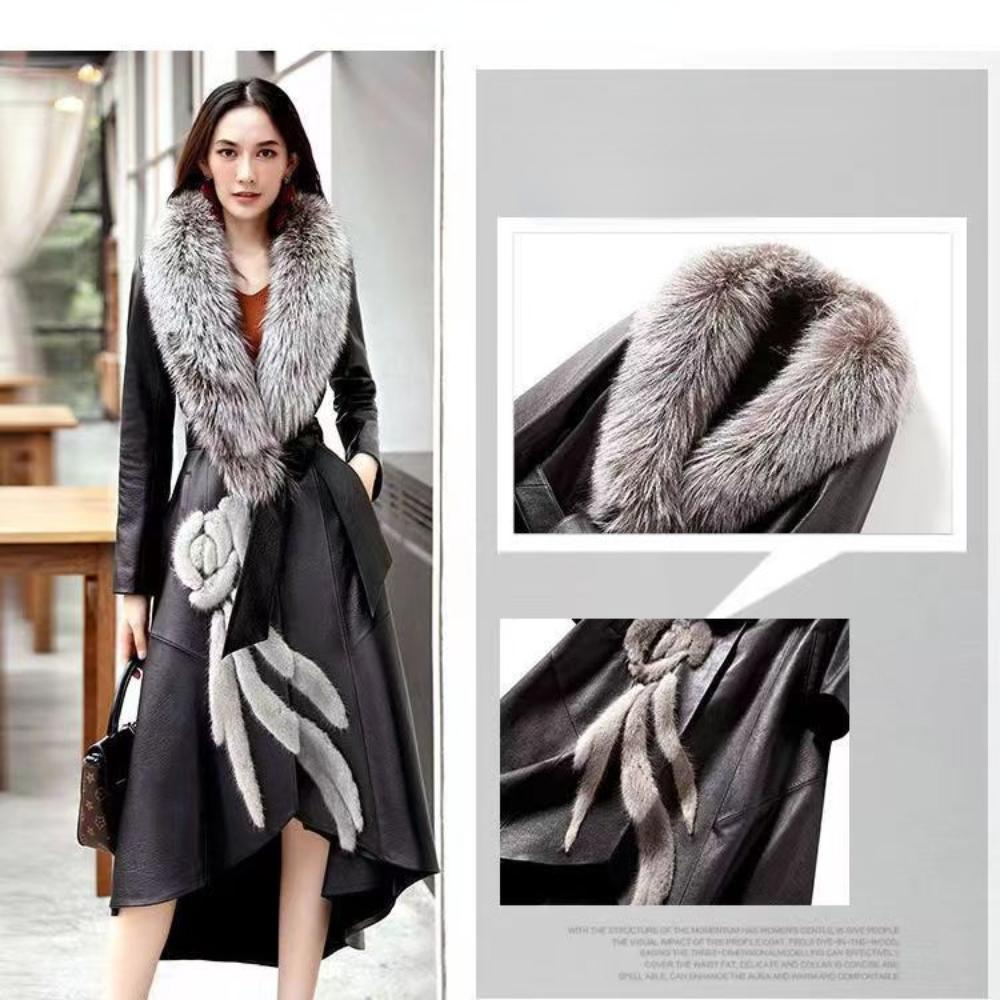 Осенний новый кожаный женский длинный до колен корейский меховой плащ тренд M чёрный