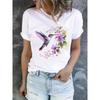 Watercolor Hummingbird Print Round Neck Short-sleeved Unisex Casual Graphic T-shirt with Floral Accent for Bird Lovers